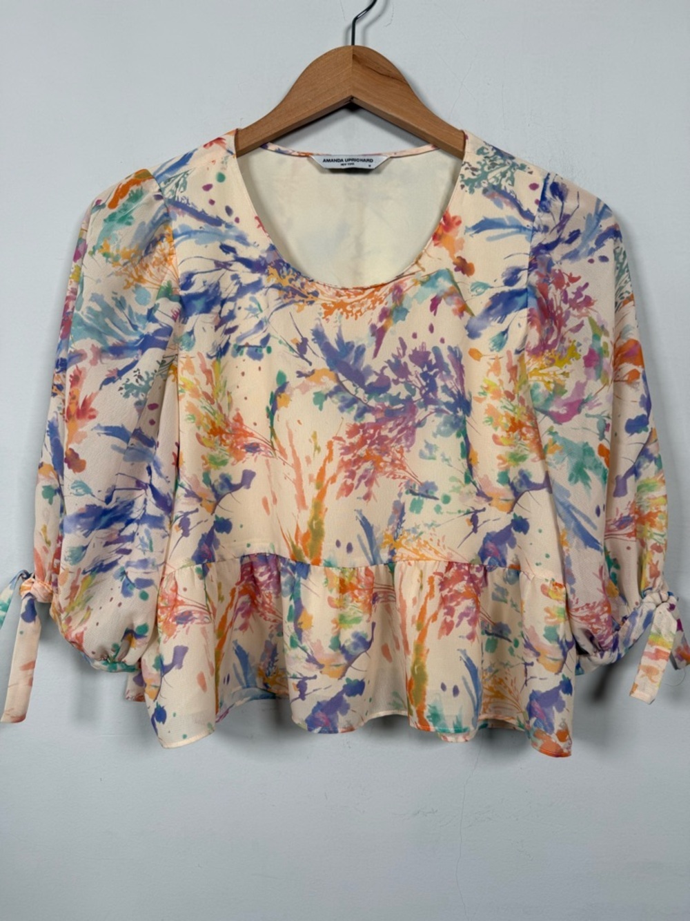 Amanda Uprichard Multicolor Watercolor Floral Peplum Cropped Blouse, Size M